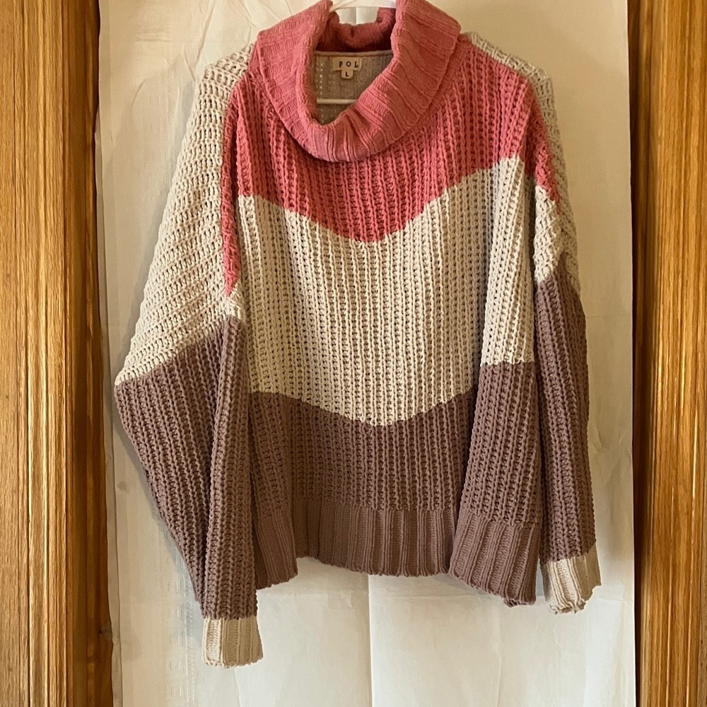 POL Canyon Rose Color Block Knit Women’s L Oversized Chenile Turtleneck Sweater